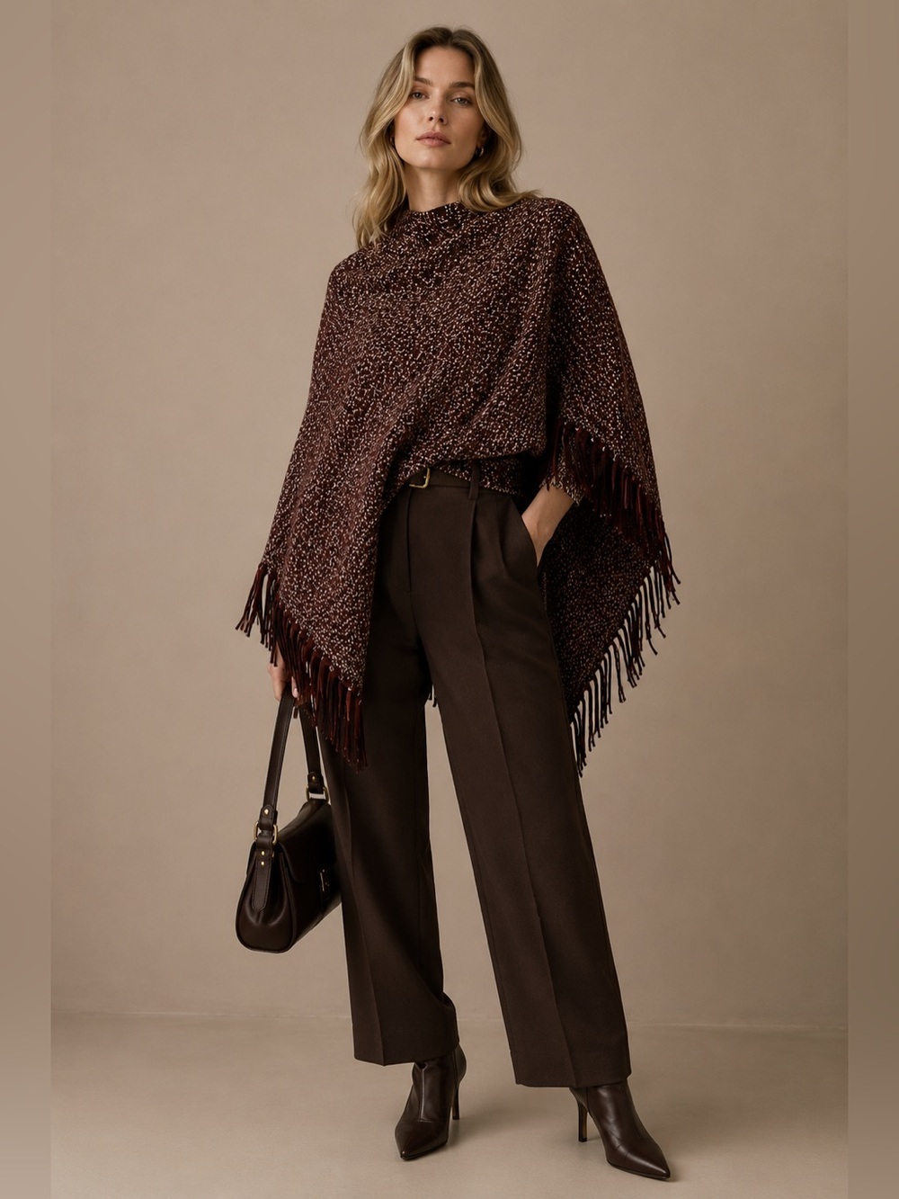 Per Se 100% Merino Wool Poncho S/M Burgundy Tweed Fringe Gold Button Cape
